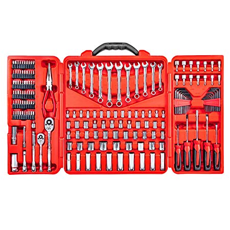 Mechanics Tool Set – 190 Piece Professional Hand Tool Box Kit - 1/4 – 3/8 Inch Drive Socket Set, Inch/Metric, 6 – 12 Point, Screwdrivers, Hex key, Wrenches, Pliers, Ratchets, Bits, Industrial & Home