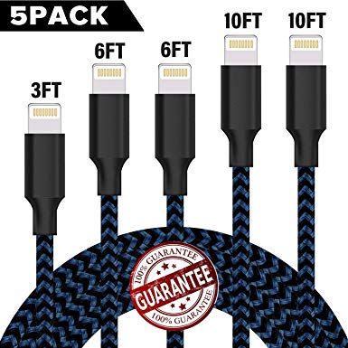 Bkayp Lightning Cable 5Pack 3FT 6FT 6FT 10FT 10FT iPhone Charger Cable Nylon Braided Cord for iPhone Xs/XS Max/XR/X/8/8 Plus /7/7 Plus/6/6s, iPad Mini/4/3/2, iPad Pro Air 2 Black Blue