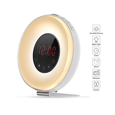 Aipker Wake Up Light, Sunrise Alarm Clock with FM Radio Snooze Function 7 Colors LED Bedside Lamp Night Light Nature Sounds for Heavy Sleeper Children Kids (2017 Version)