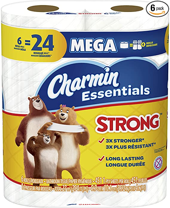 Charmin Essentials Strong Toilet Paper, 6 Mega Rolls = 24 Regular Rolls