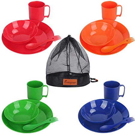 Bisgear Camping Mess Kit - 4 Person Lightweight Dinnerware Family Set with Plates Bowls Cups Mugs Sporks Carabiner & Mesh Bag - Perfect for Hiking & Backpacking, Picnic, Family Vacation