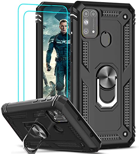 LeYi for Samsung Galaxy M31 Case and 2 Tempered Glass Screen Protector,Ring Holder Military Grade Protective Silicone Shockproof Tough Thin Armour Hard Mobile Phone Cover for Samsung M31 Black