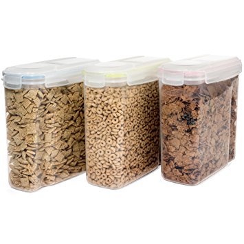 Set of Three Cereal and Dry Food Containers - Each with Uniq Colored Lockable Lid - Red, Yelow, and Blue
