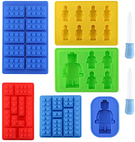 Set of 6 Robot Silicone Molds, Yatuela Building Bricks Blocks molds Ice Cube Tray,Candy Fondant Mold, Chocolate Mold with 2 Droppers for Kids Party Baking DIY Cake Decoration Baby Shower Designs