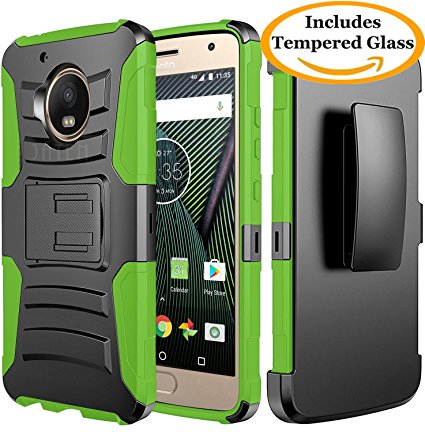 Moto G5 Plus Case, JATEM [Belt Clip] Rugged Hybrid Dual Layer Kickstand Holster Combo   Tempered Glass Screen Protector and Stylus Pen (Black/Green)