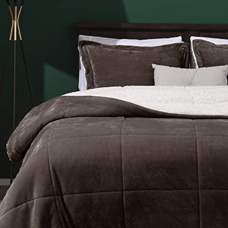 Basic Beyond Micromink Sherpa Comforter Set - Reversible Bed Comforter 3-Piece (Sherpa Brown Queen)