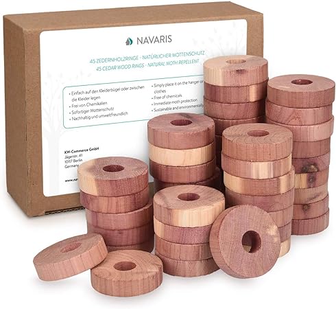 Navaris Cedar Wood Hangers - Set of 45 Natural Cedarwood Clothes Rings - Pack of Wardrobe, Drawer, Storage Freshener Blocks