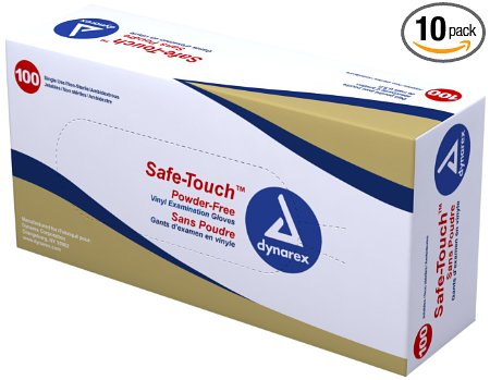 Dynarex Safe-Touch Vinyl Exam Glove Powder Free, Medium, 100 Count (Pack of 10)