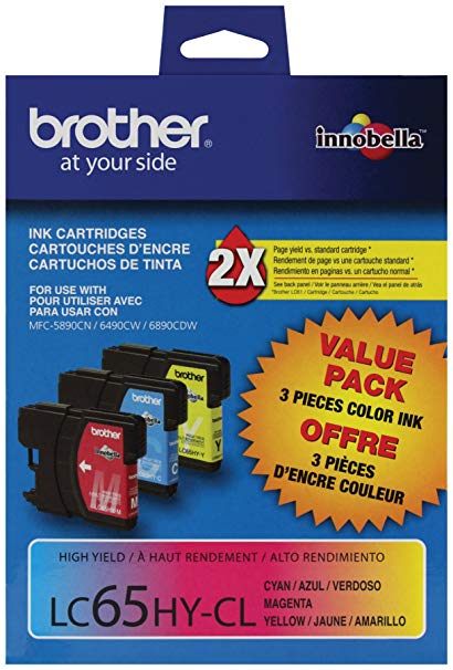 Brother LC65HYCL High-Yield 3-Pack Ink Cartridge, 900 Page-Yield, Cyan Magenta Yellow