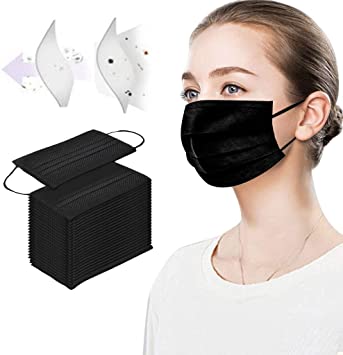 Hardcover Disposable Face Macks, 3Ply Windproof Mouth Activated Carbon Mack, Pack of 50 pcs (Black)