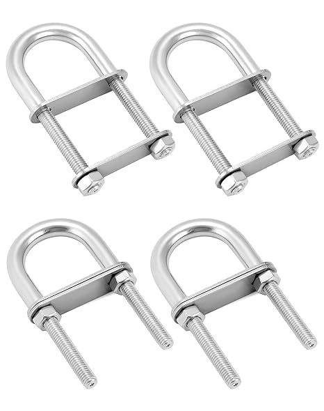 QWORK U-Bolts, 4 Set M8 x 100mm Round U Bolt, 304 Stainless Steel U Clamp Bolt with Nuts and Plates, Marine Boat Deck Hardware