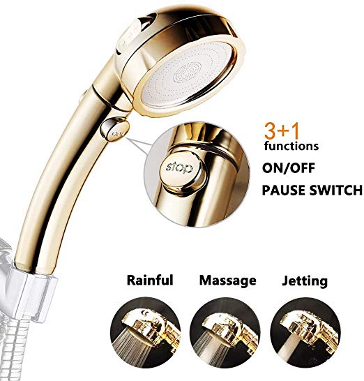 Nosame Shower,High Pressure Handheld Shower Head with ON/Off Pause Switch 3-Settings Water Saving Showerhead, Chrome Finish Bathroom Shower Accessorie (Nosame New shower Gold)