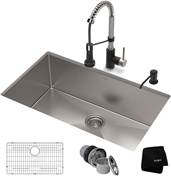 KRAUS KHU100-32-1610-53SSMB Set with Standart PRO Sink and Bolden Commercial Pull Faucet in Stainless Steel Matte Black Kitchen Sink & Faucet Combo