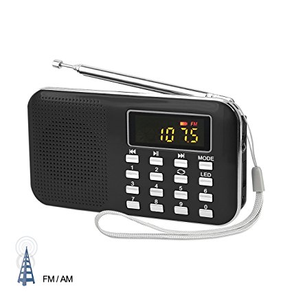 LEFON Mini AM FM Radio Media Speaker MP3 Music Player Support TF Card / USB Disk with Rechargeable and Emergency Flashlight Function (Black-Upgraded)