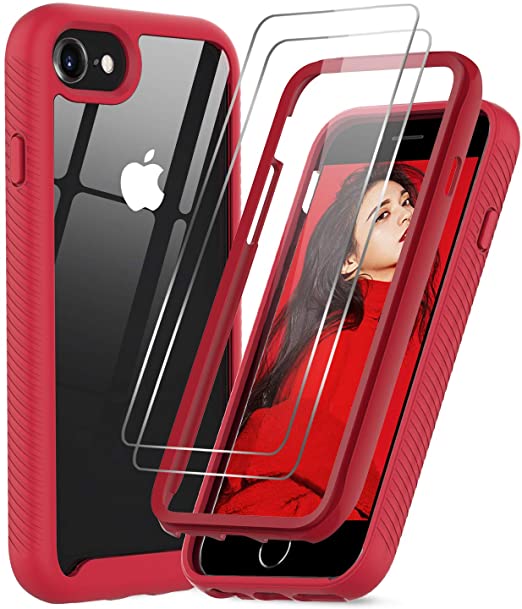 LeYi iPhone SE 2020 Case, iPhone 8 Case, iPhone 7/ 6s/6 Case with Tempered Glass Screen Protector [2 Pack], Full-Body Shockproof Bumper Clear Phone Cover Case for Apple iPhone SE/8/7/6s/6, Red