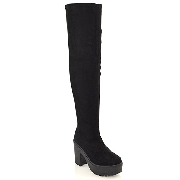 WOMENS OVER THE KNEE THIGH HIGH CHUNKY PLATFORM HEEL STRETCH BLACK BOOTS 3-8