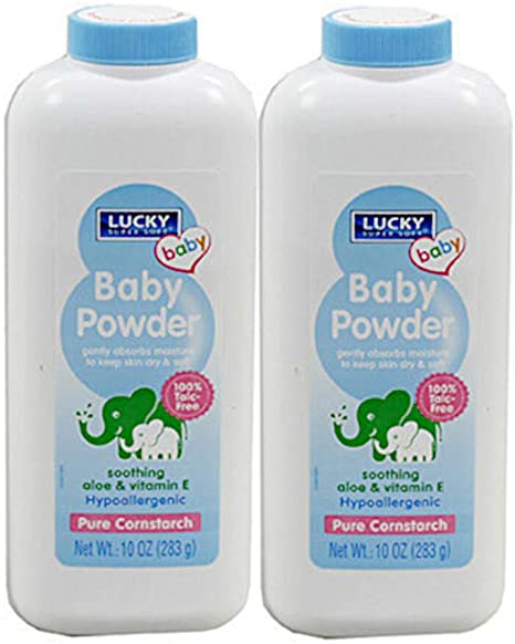 Lucky Super Soft Baby Powder Pure Cornstarch with Aloe and Vitamin E 10 Oz (2 Pack)