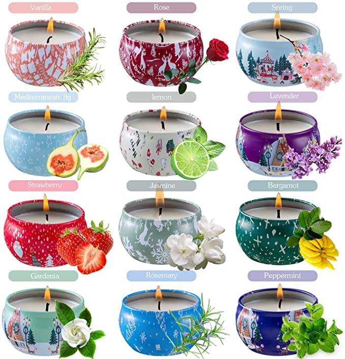 YIIA Package Scented Candles Lemon, Fig, Lavender, Spring Fresh,Rose ，Jasmine，Vanilla，Bergamot，Strawberry, Peppermint, Rosemary, Gardenia Natural Soy Wax Portable Travel Tin Candle,Set of 12