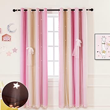 Hughapy Star Curtains for Girls Bedroom Kids Room Decor Colorful Double Layer Star Hollowed Curtain, Light Blocking Stripe Window Curtains, 1 Panel (52W x 63L, Pink/Yellow)