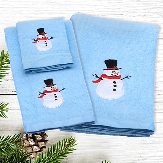 100% Cotton Jolly Snowman Winter Christmas Holiday 3-Piece Bathroom Bath Hand Towel Set, Blue