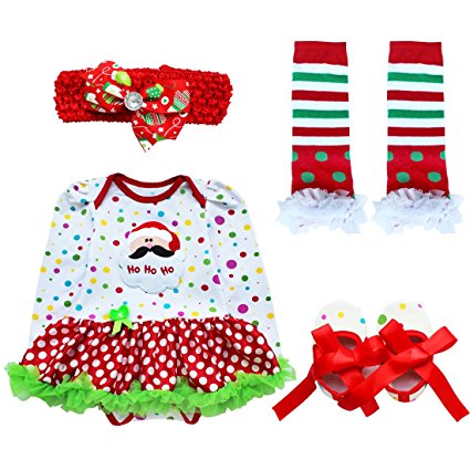 iEFiEL Baby Girls Christmas Picture Skirt Bodysuit Headband Leg Warmer Shoes Set