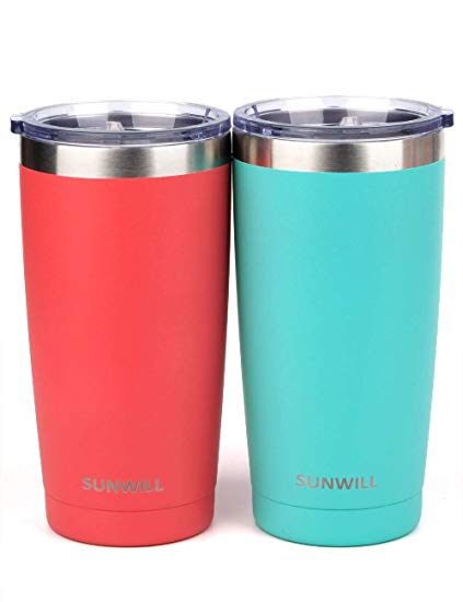 SUNWILL 20oz Tumbler with Lid (Teal & Coral 2 pack), Stainless Steel Vacuum Insulated Double Wall Travel Tumbler, Durable Insulated Coffee Mug, Thermal Cup with Splash Proof Sliding Lid