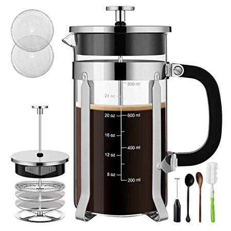 Veken French Press Coffee Maker 304 Stainless Steel 4 Filter Screens Durable Easy Clean Heat Resistant Borosilicate Glass, ((8 cups, 34 oz) -100% BPA Free Sliver