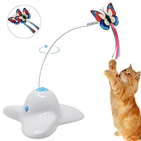 Bascolor Electric Rotating Butterfly Cat Toys with Two Replacement Flashing Butterflies Interactive Cat Toy Spinning Teaser Toy