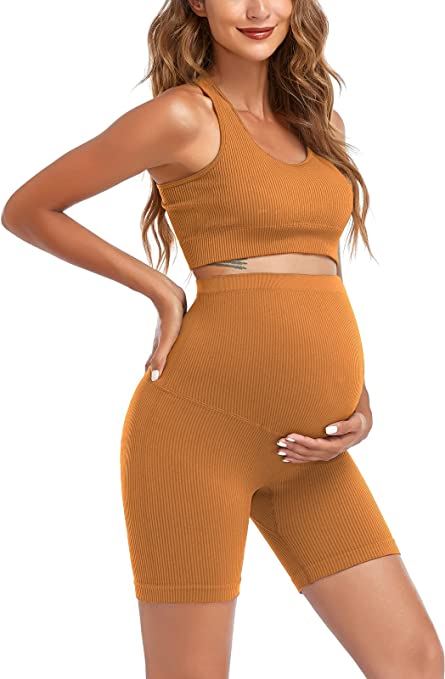 Maternity for Women 2Piece ，Seamless Ribbed Built in Maternity Bra High Waist Elasticity Pregnancy Shorts Sets