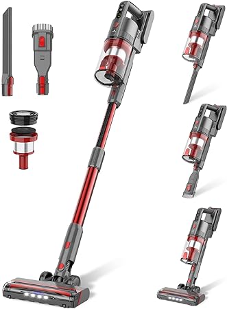 Fykee Cordless Vacuum Cleaner, 80,000 PRM Vacuum Cleaner with 2200 mAh Battery and 2 Adjustable Model, Rotated LED Brush Head Detachable Stick Vacuum up to 35 Mins Runtime (Deep Red)