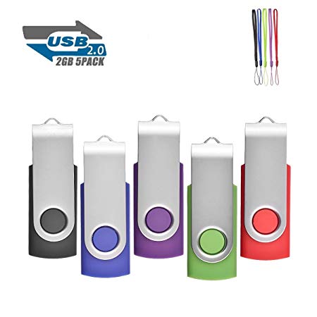 5Pack 2GB USB 2.0 Thumb Flash Drives Swivel Design Pen Memory Stick Fold Storage (Mixed Color With Lanyard)