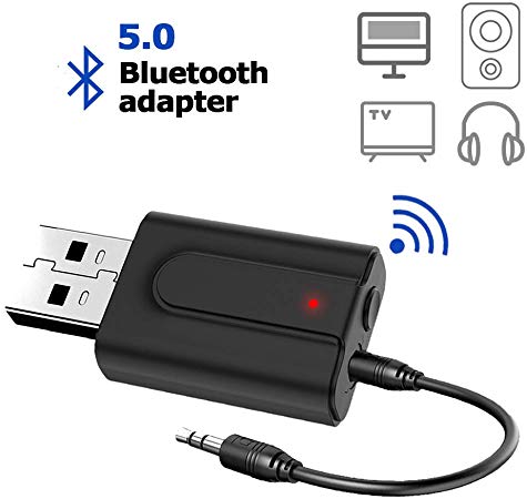 2 in 1 USB Bluetooth Adapter 5.0 EDR Mini Bluetooth Transmitter Receiver HiFi Wireless Audio Adapter with 3.5mm AUX for Car Headphones PC TV Home Stereo USB Supply No Driver Required