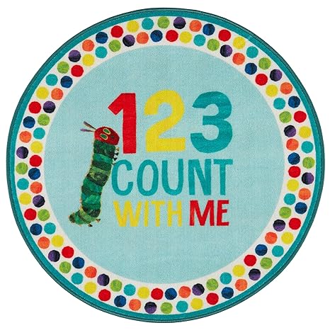 Eric Carle "The Very Hungry Caterpillar Elementary 123 Count with Me Kids Machine Washable Area Rug, Blue/White, 35" Round