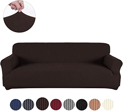 sancua Stretch Spandex Sofa Cover 3 Seat Couch Cover Non Slip Sofa Slipcover with Elastic Bottom for Living Room Furniture Protector Couch Slipcover for Dogs, Cats and Pets (X-Large, Chocolate.)