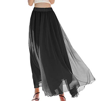 Chartou Womens Elastic Waist Multilayer Flowy Chiffon Maxi Pleated Long Beach Skirt