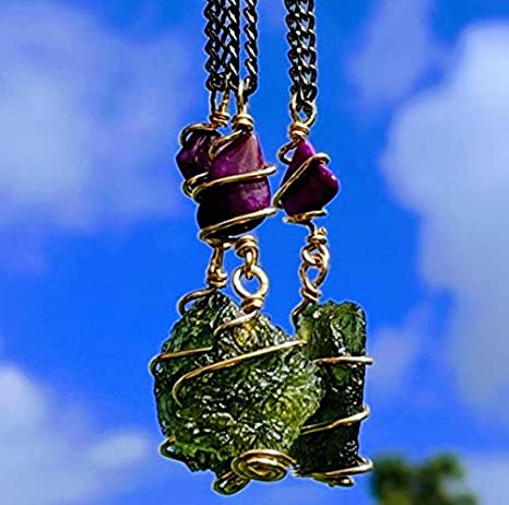 MOLDAVITE & SUGILITE Pendant in Real Gold! 12 Kt Genuine Crystal 19" Necklace. Synergy 12 Tektite Metaphysical Jewelry Meteorite Wire Wrap Stone