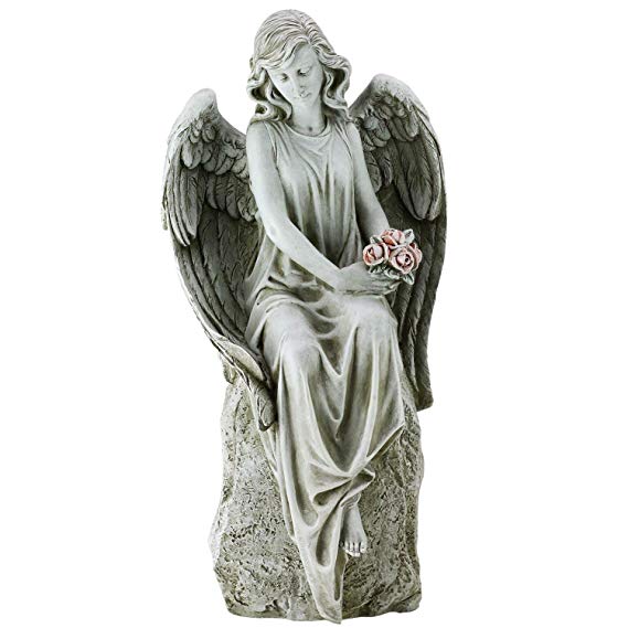 Sitting Angel Flowers Concrete Look 8.5 x 18 Resin Stone Outdoor Garden Statue