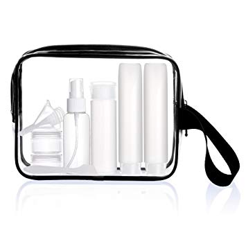 Sariok TSA Approved Toiletry Bag with 6 Bottles Clear TSA Travel Set Airport Airline Security Luggage Organizer Pouch (Black)