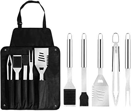 Ohuhu BBQ Grill Accessories, 6 PCS Stainless Steel BBQ Tools Set Grilling Kit with Storage Apron for Smoker Kitchen Camping, 18 Inch Grilling Accessories Barbecue Utensil Father's Day Gifts for Men