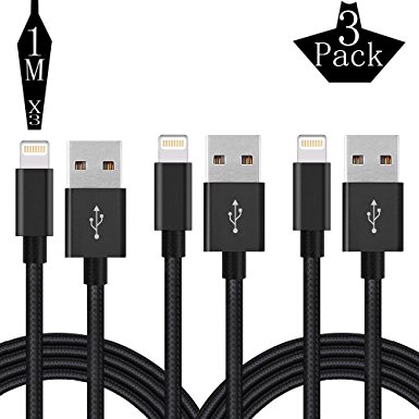 Lightning Protection Cable, Auideas 3Pack 3FT Heavy Duty Nylon Braid Lightning to USB Cable Charger for iPhone 7/7 Plus / 6 / 6s / 6Plus / 6s Plus / 5 / 5c / 5s / SE(Black)