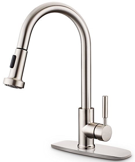 Pull Down Kitchen Faucet, Sarissa Brushed Nickel Lead-free Single Handle Kitchen Sink Faucet, High Arch Stainless Steel Kitchen Faucets with Deck Plate for Commercial and Home, 17 inch Hose Reach