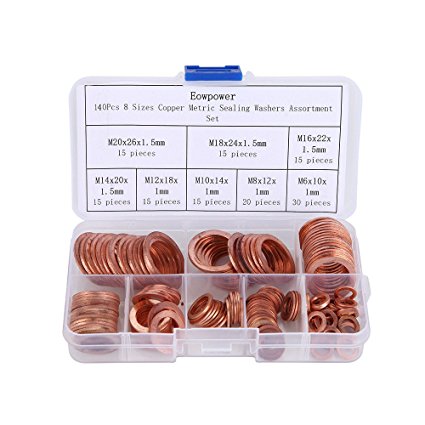 Eowpower 140Pcs 8 Sizes Copper Metric Sealing Washers Assortment Set