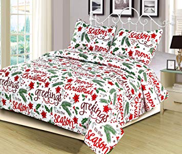 Twin Holiday Quilt Bedding Set Christmas Winter Script, Red Green and White