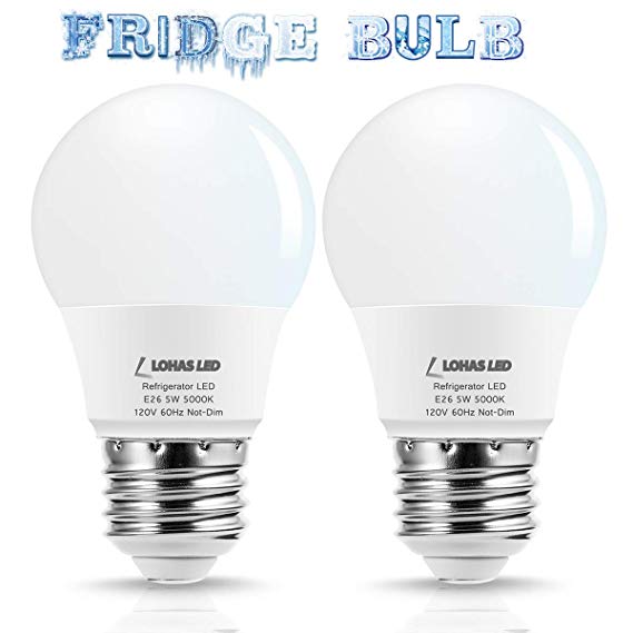 LOHAS LED Refrigerator Light Bulb, 40W Equivalent 120V A15 LED Lamp, 5 Watt Daylight 5000K with E26 Medium Base, Energy Saving Freezer Ceiling Home Lighting, Not-Dim, Waterproof, 2 Pack