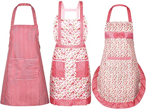 SATINIOR 3 Pieces Women Apron with Pockets Cute Vintage Cooking Apron Kitchen Housework Aprons for Christmas Thanksgiving Gift (Color Set 5, Size Set 5)