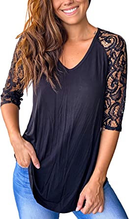 Sieanear Women's Lace Short Sleeve V-Neck T-Shirt Loose Casual Summer Tee Tops