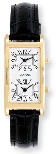 Gotham Men's Gold-Tone Dual Time Zone Leather Strap Watch # GWC15090GW