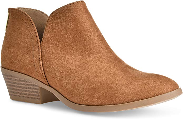 Women's Madeline Western Almond Round Toe Slip on Bootie - Low Stack Heel - Zip Up - Casual Ankle Boot