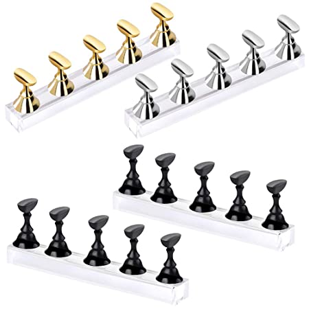 4 Sets Acrylic Nail Display Stand DIY Nail Crystal Holder Magnetic Practice Stands for False Nail Tip Manicure Tool (Black, Silver, Gold)