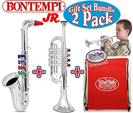 BONTEMPI 15" Wind Instruments Saxophone Jr. & Trumpet Jr. Gift Set Bundle with Exclusive "Matty's Toy Stop" Storage Bag - 2 Pack